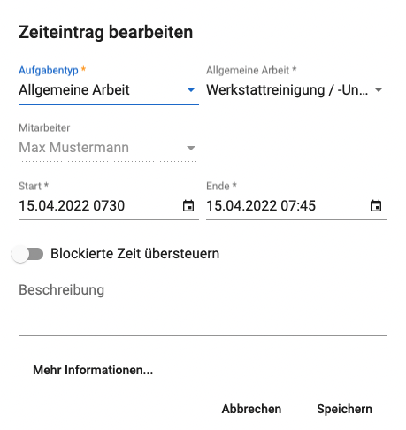 Zeiteintrag erstellen Allgemeine Arbeit