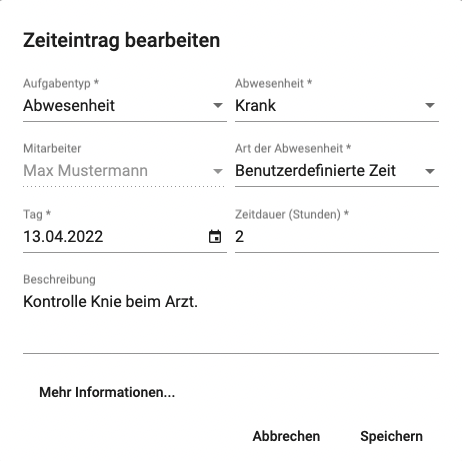 Zeiteintrag erstellen Abwesenheit